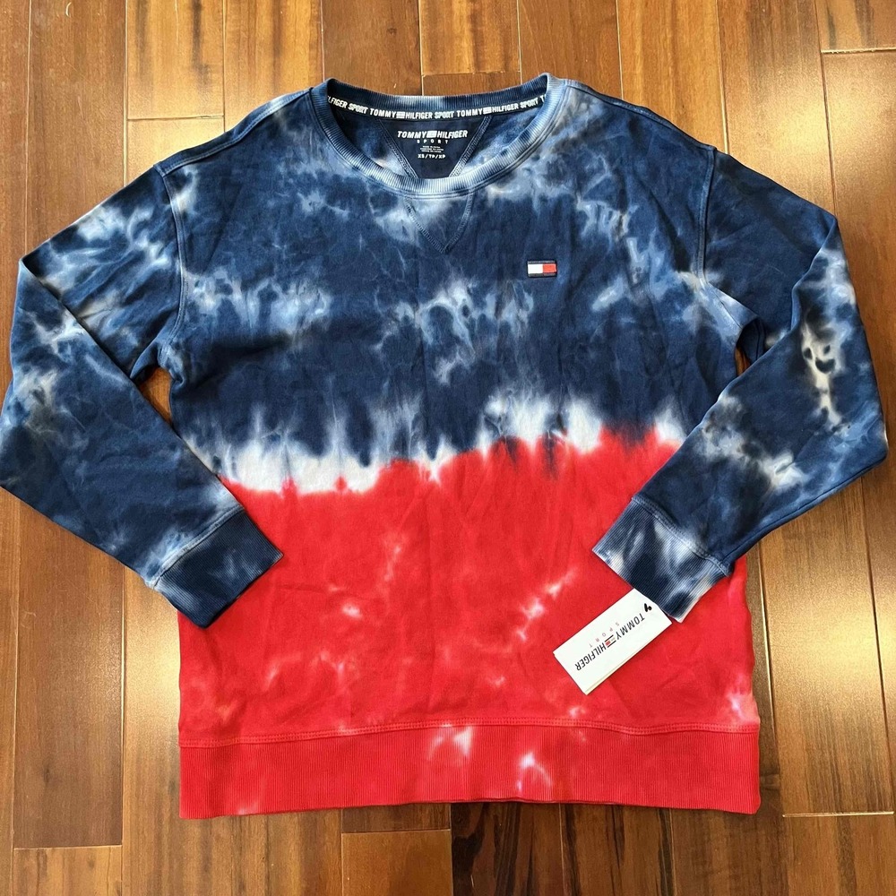 New NWT‎ Tommy Hilfiger Sport Tie-Dye Sweatshirt Pullover Blue Red White Size XS